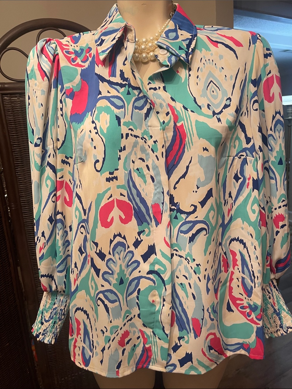 Vibrant Multi-Color Printed Button-Up Blouse - Women's
